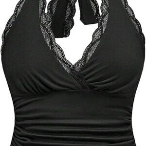 Black Lace Wrap Front Halter Tank | XXL | Backless Party Top